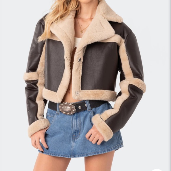 Edikted Ricky Faux Leather Fur Shearling Jacket - Picture 2 of 5